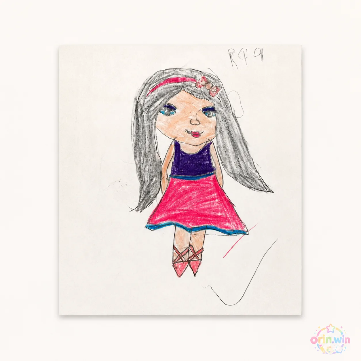 Orin's drawing of a girl with long hair wearing a bright pink dress.