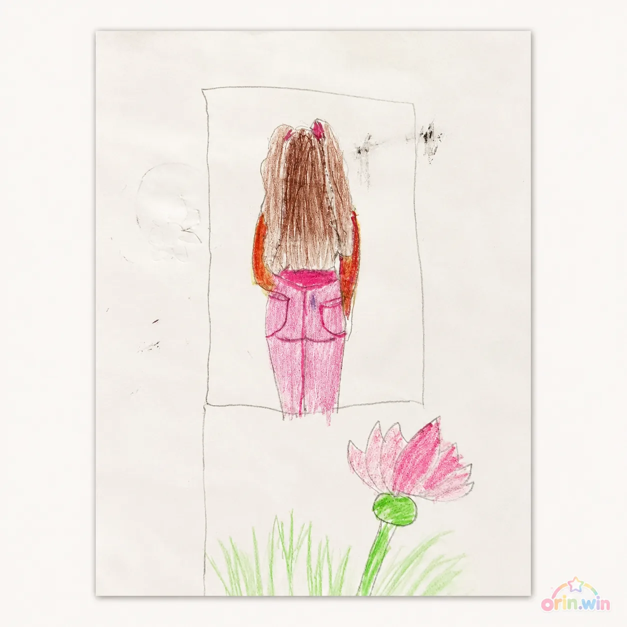 Orin's drawing study showing a figure from behind and a pink flower.