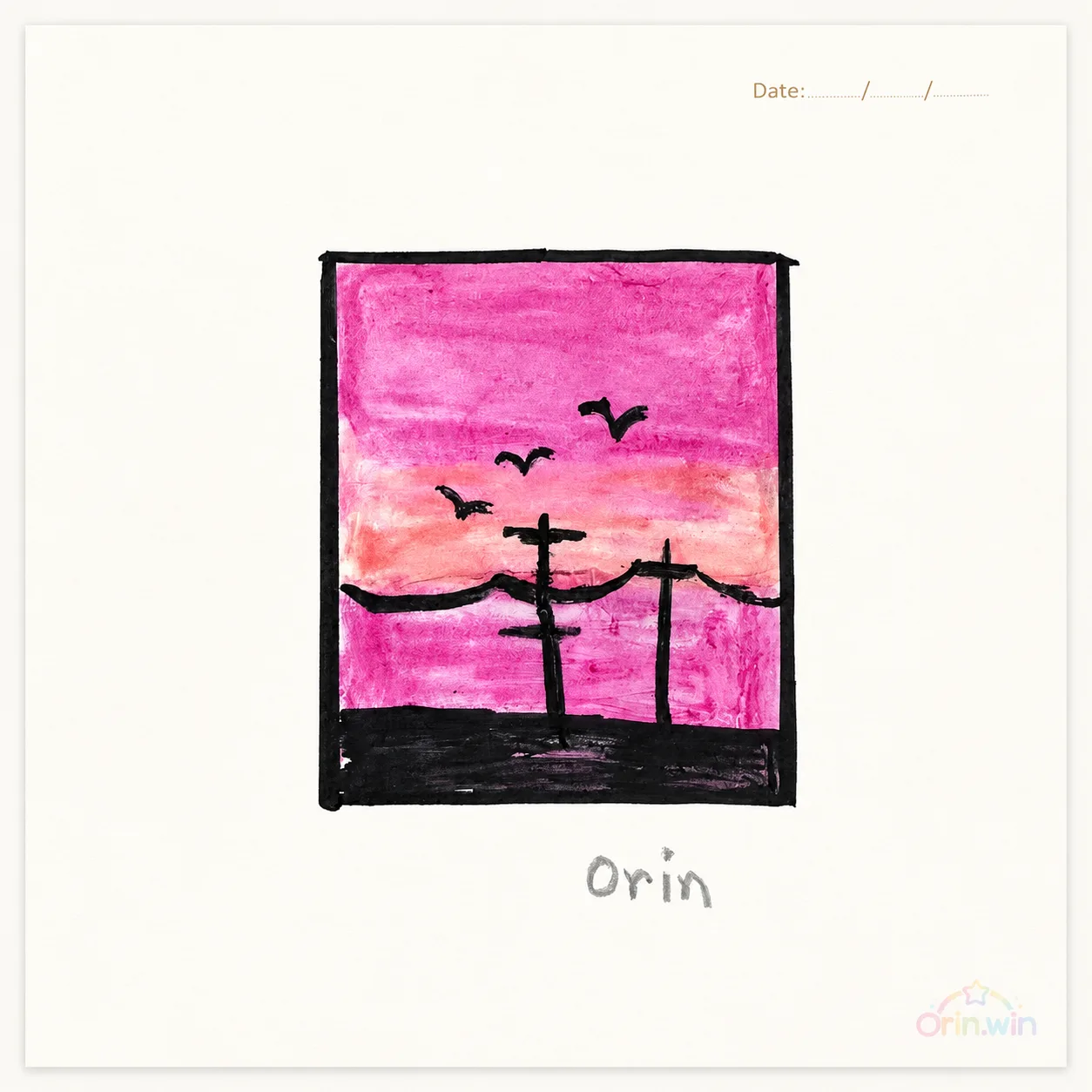 Orin's sunset window drawing with pink sky, black window frame, and birds.
