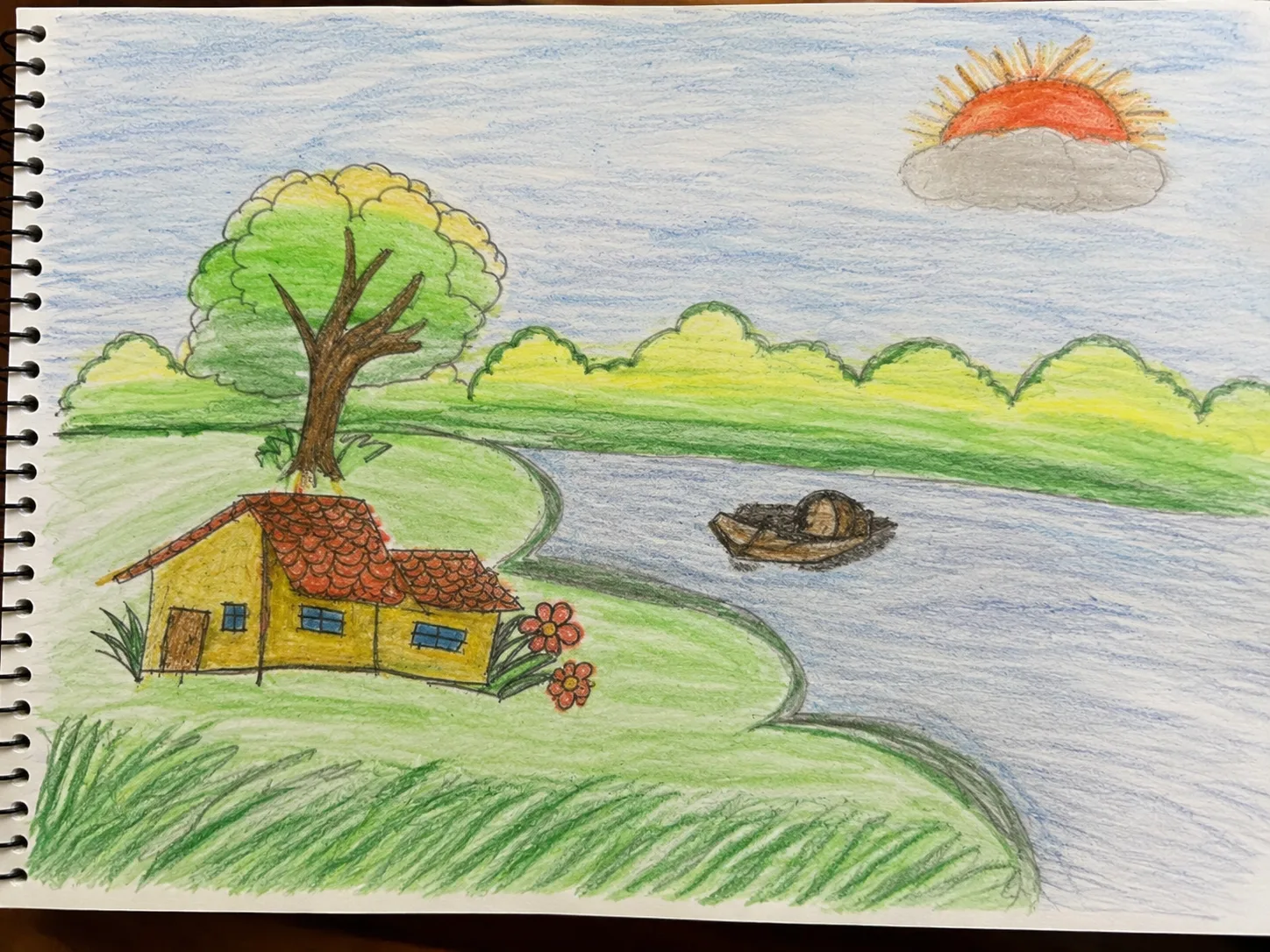 Orin's landscape drawing with a small house, tree, river, boat, and sun.
